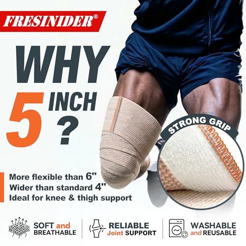 FRESINIDER Premium Elastic Bandage Wrap, 6 Pack 5" Cotton Compression Wrap with Hook & Loop Closure at Both Ends, Knee, Shoulder & Leg Support, 5 ft Long (Stretches up to 15 ft), Sports & First Aid - color: 5" X 6 Pack