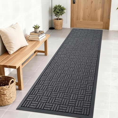 OLANLY Front Door Mat Outside Entrance 71x23, Absorbent, Heavy Duty Sturdy Natural Rubber Doormat Indoor Outdoor, Non-Slip, Stain and Fade Resistant, Low Profile Floor Mat for Entryway, Black Gray - color: Black Gray, size: 71" X 23"