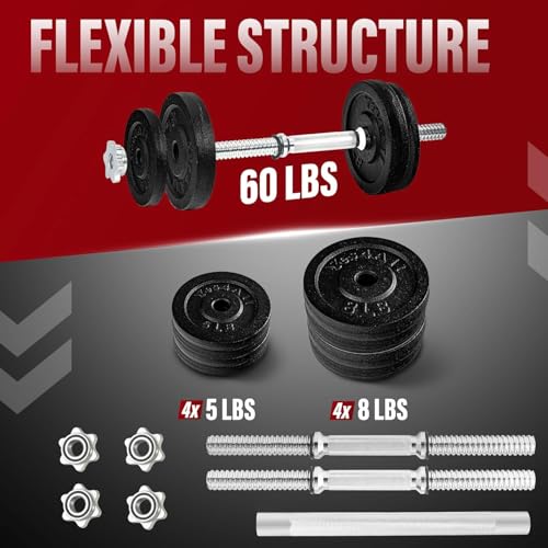 Yes4All Old School Adjustable Dumbbell Set with Weight Plates, Star Lock Collars/Connector, 40lbs to 200lbs Adjustable Weight Plates Set - color: F. Barbell 60LB or 30LB Dumbbell Pair - Black