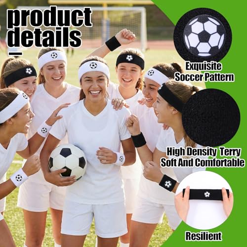 6Pcs Soccer Headband Sweatband Set - 2 Moisture Wicking Terry Cloth Headbands & 4 Athletic Wristbands Sweat Absorbing Sports Accessories for Workout Running Kids Teens