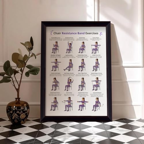 Resistance Band Workout Poster, Chair Resistance Band Exercises Charts for Women, Home Workout Canvas Wall Art, Core Strength Training and Fitness Guide Gym Wall Decor 16x20in Framed - color: Chair Exercises, size: 20"L x 16"W