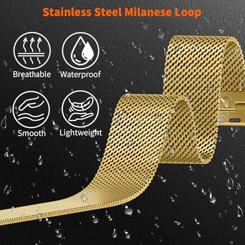 Milanese Loop Compatible with Apple Watch Ultra 3/2/1 Band 49mm 46mm 45mm 44mm 42mm, Magnetic Stainless Steel Strap Bands for iWatch Ultra SE 3/2/1 Series 11 10 9 8 7 6 5 4 3 2 1 Men, Gold - color: Gold
