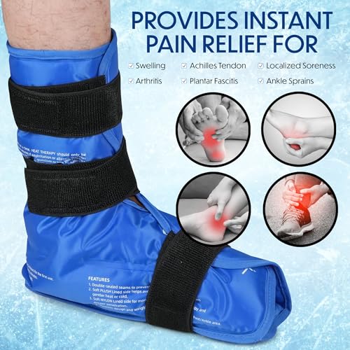 Ankle Ice Pack Wrap, Full Foot Large Reusable Hot Cold Therapy Pack for Achilles Tendonitis Relief, Swelling, Plantar Fasciitis, Heel Pain, Plush Lining, with Strap, Birthday Father's Day Gift