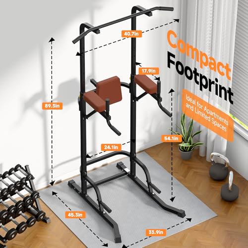 Power Tower Pull Up Station with Arm Rests Back Pad and Flared H-Shaped Base - color: Black/Brown