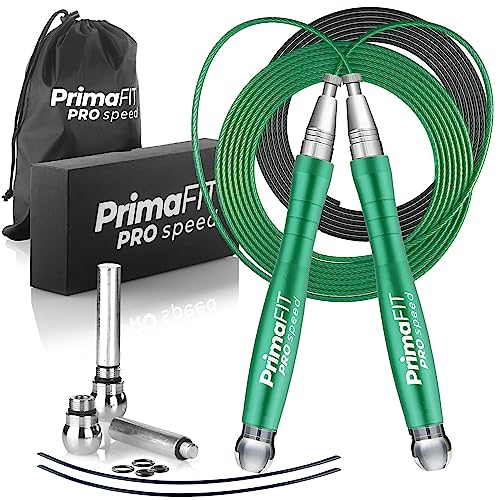 PrimaFIT Pro Speed Jump Rope for Adults, Weighted Skipping Rope for Boxing | Adjustable Jumping Rope for Fitness Workout & CrossFit Exercise, Double Unders, Handle Weights, 3m Cables 2 Protectors, Bag - color: Green