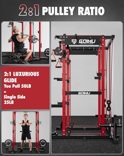 RH01 Power Cage Rack, 2000LBS Squat Rack with with Cable Crossover System&LAT Pull Down System, Multi-Function Workout Cage for Home&Garage Gym - color: Red, size: RH01 Power Cage