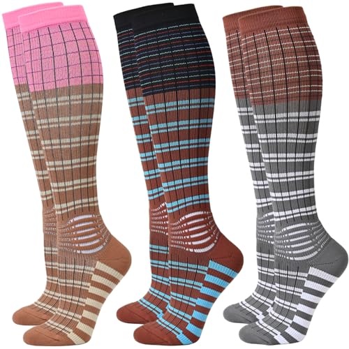 IRAMY Compression Socks Women Ankle Support Gradient Compression Wicking Moisture Knee High Socks 3 Packs - color: Pink+black+brown-3 Packs, size: Medium