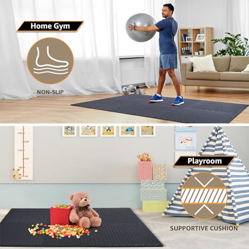 12 Pack, 48 SQFT - 24" x 24" - 1/2" Extra Thick Floor Exercise Mat for Home Gym or Floor Padding - High-Density EVA Interlocking Foam Floor Tiles for Gym Equipment, Play Area | Yoga, Cardio, Weights - size: Grey
