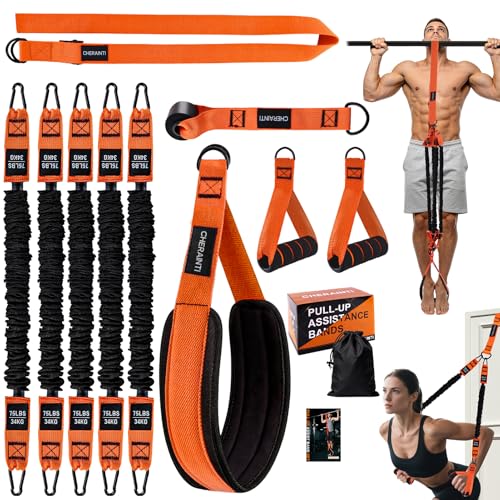 CHERAINTI Pull Up Assistance Bands, 375lbs Heavy Duty Pullup Assist Band Set with 5 Resistance Bands, Adjustable Strap, Comfortable Foot/Knee Rest, Handles & Door Anchor for Home Gym Strength Training