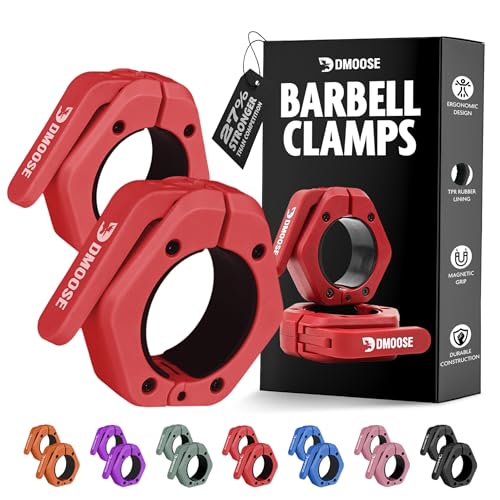 DMoose Fitness Barbell Clips 2 Inch (Pair) - Quick Release Olympic Barbell Clamps & Collars with Anti Slip TPR Grip for Secure Weightlifting and Powerlifting - Weight Clips for Bars at Home or Gym - color: Red, style: Non Magnetic