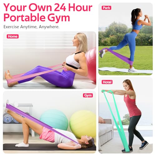 Resistance Bands for Working Out, Exercise Bands for Physical Therapy, Stretch, Recovery, Pilates, Rehab, Strength Training and Yoga Starter Set - color: Pink, Purple, Green, size: 4.9FT