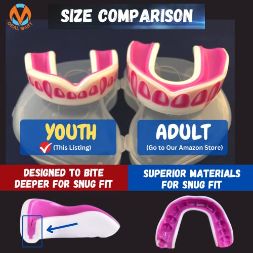 Oral Mart Youth Sports Mouth Guard for Kids (USA Flag, Fangs, 20+ Colors to Choose from) Mouthguard for Football, MMA, Karate, Boxing, Rugby, BJJ, Flag Football – /w Case (Youth, Strapless) - color: Pinky Fangs