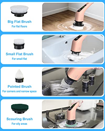 Leebein Electric Spin Scrubber, Cordless Powerful Scrub Brush for Cleaning Bathroom, Kitchen, Shower Tub and Floor Tile with Adjustable Extension Long Handle and 8 Replaceable Brush Heads(Rose) - color: Rose