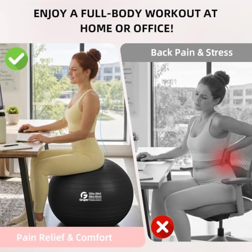 Gruper Exercise Ball, Extra Thick Yoga Ball for Working Out, Yoga & Pregnancy, 4 Sizes Anti-Burst Balance Ball with Foot Pump for Pilates, Physical Therapy & Fitness - color: black, size: S(18IN/45cm)
