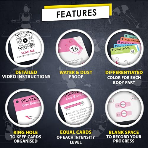 Flexies Pilates Workout Cards | 58 Mat Pilates Exercise Cards with Postures, Video Instructions & Breathing Tips | Waterproof Color-Coded Fitness Deck for Women with Dry-Erase Marker