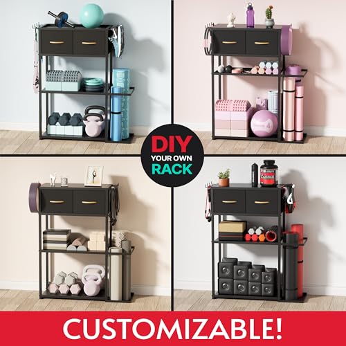 Home Gym Storage Rack, Adjustable 4-Tier with Extra Drawer | Home gym storage rack with 4 adjustable zones, fabric drawer & 150 lb shelves, for dumbbells, mats and workout gears