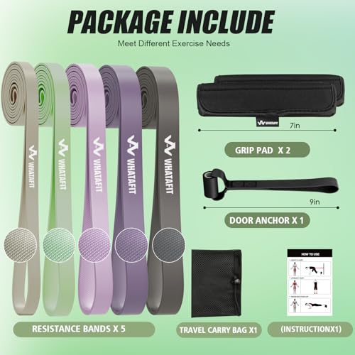 WHATAFIT Resistance Bands, Pull Up Assist Bands with Handles, Door Anchor | Natural Latex Rubber, Progressive Tension, Exercise Loop for Full-Body Fitness, Portable Gym Bag, Warm-Up & Stretch - color: 5-125LBS GRAY PURPLE+GRIP