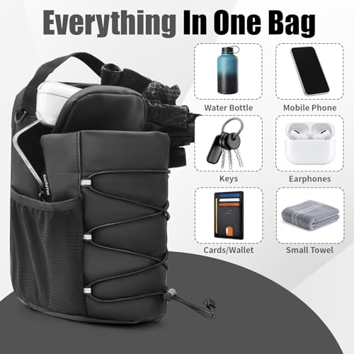 Magnetic Gym Bag with Phone Holder, Water Bottle Carrier, 4 N52 Magnets | Phone holder is stored inside the interior pocket; front elastic cords secure a damp towel and pockets organize essentials.
