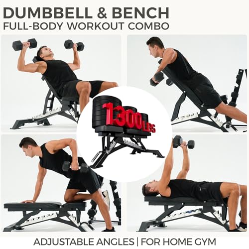 RitFit Rubber Coated Hex Dumbbell Set with Rack, 5-780LB for Home Gym Strength Training, Anti-Slip Knurled Handle, Hexagon Anti-Roll, Heavy-Duty Storage Rack - style: 250 LB Set with Adjustable Weight Bench (10-40LB）