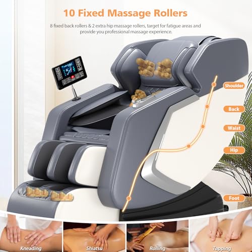 2026 Massage Chair Full Body, Zero Gravity Massage Recliner with Air Pressure, 10 Fixed Massage Rollers, Heating, Foot Roller, Bluetooth Speaker, for Home Office Men Women-Grey