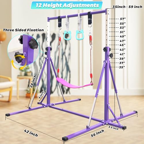FC FUNCHEER Foldable Gymnastics Bar,5FT Horizontal bar,Adjustable Kids Training bar for Kids Ages 3-15,Kids Gymnastics bar,Triangle Stable Structure-Gym Equipment for Home - color: Purple, style: Bar-Swing-Rings