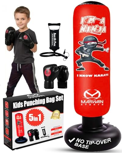 Marwan Sports Ninja Kids Punching Bag — Inflatable Sensory Toy & Birthday Gift for Boys & Girls Ages 4-12, 63" Freestanding 5-in-1 Kit, Indoor Apartment-Quiet Sensory-Friendly Active Play - color: Red (5 in 1)