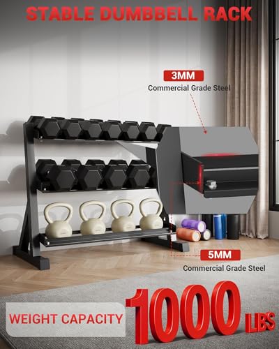 Heavy Duty Steel 3-Tier Dumbbell Rack for Home Gym – Space-Saving Weight Storage Shelf – Non-Slip Base, Rubber Guards, Holds Up to 480/800/1000 LB, Fits 5 or 6 Pairs Hex Weights