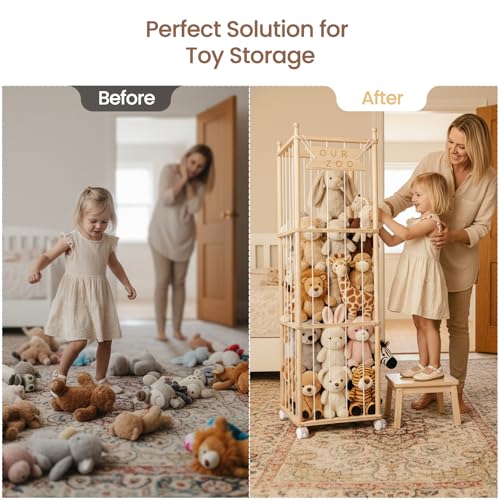 Ostutry Stuffed Animal Storage with Wheels - Wood Stuffed Animals Organizer Holder Zoo Large Capacity Plush Toy Cage with Elastic Band for Playroom, Bedroom, Nursery