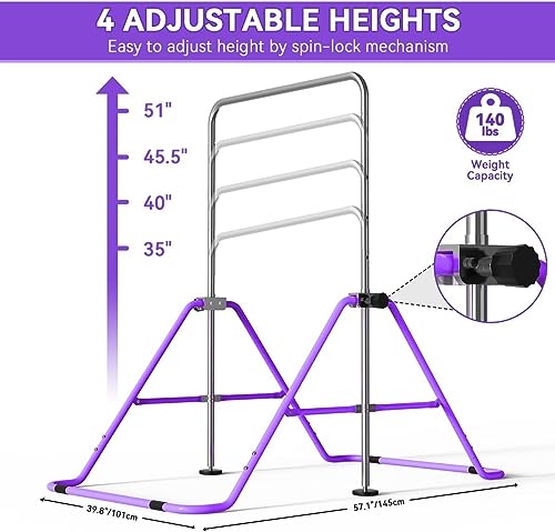 FBSPORT Gymnastics Bar for Kids Adjustable Height Gymnastic Horizontal Bar | Adjustable height, Supports up to 140 lbs, Junior Training Bar Children Folding Training Monkey Bars for Home Using - color: Purple