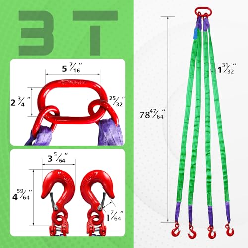 Four Leg Bridle Web Sling 7ft 6600lbs Lifting Slings with G80 Alloy Steel Grab Hooks Light Weight and Flexible Capacity Lifting Straps for Hoist Safe Towing and Handling of Cargo - size: 6600 lb / 7 ft