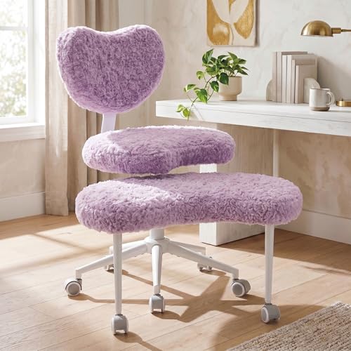 Cross Legged Office Chair with Wheels, 360 Swivel Height-Adjustable Meditation Chair with Lumbar Support, Artificial Rabbit Hair Fabric, Violet - color: Violet, size: Heart Back