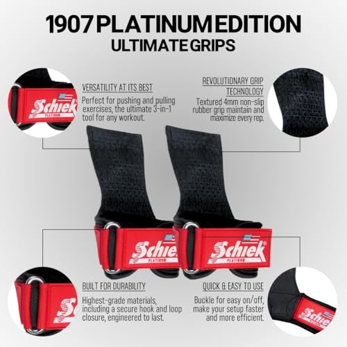 Schiek Sports Model 1907 Platinum Edition Ultimate Grips - 3 in 1 Weight Lifting Straps Wrist Wraps and Grip Pads - color: Red, size: XL