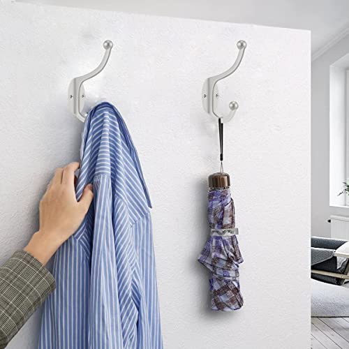 ZEYU Wall Hooks, 10Pcs Coat Hooks Hardware Towel Hooks for Hanging Coats Double No Rust Black Robe Hooks Wall Mounted with Screws for Key, Towel, Bags, Cup, Hat - color: 10Pcs Silvery
