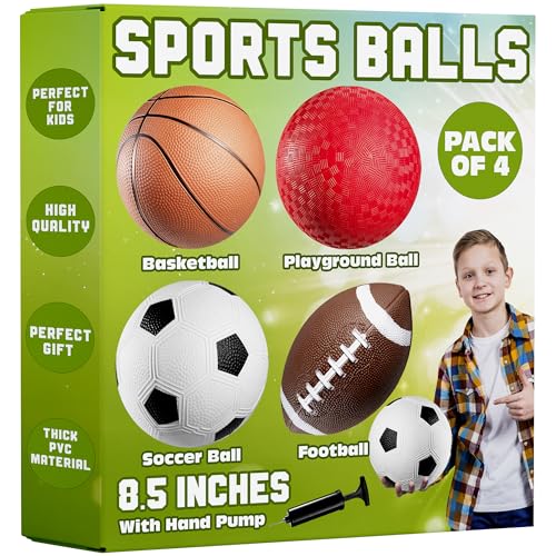 8.5” Sports Balls for Kids & Toddlers - (Pack of 4) Rubber Inflatable Multi-Sport Ball Set - Football, Soccer Ball, Basketball, Playground Ball & Pump - Birthday Gift Toys for Boys & Girls - color: Regular, size: 8.5 Inch