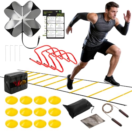 Agility Ladder Speed Training Equipment Set, 4 Adjustable Hurdles | 20 ft Ladder, 12 Cones, Jump Rope, Resistance Parachute, Soccer, Basketball, Football Practice Equipment for Youth, Adults - color: Yellow, size: 17.18"*5.72"*13.32"
