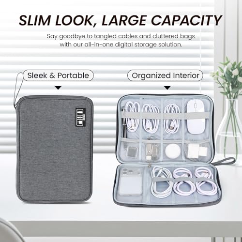 Large Slim Cable Organizer Travel Case, Single-Layer Electronic Accessories Pouch for Chargers, Cords, Power Bank, Mouse and SD Cards, 12.6 x 9.45 x 1.57 Inches - color: gray, size: L