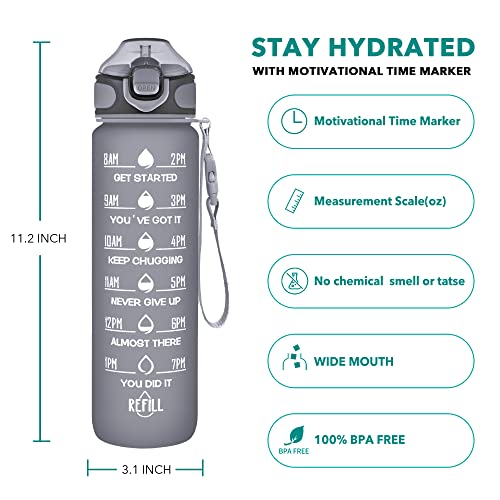 Enerbone 32 oz Drinking Water Bottle with Times to Drink and Straw, Motivational with Carrying Strap, Leakproof BPA & Toxic Free, Ensure You Drink Enough Water for Fitness Gym Outdoor - color: Black Cloud