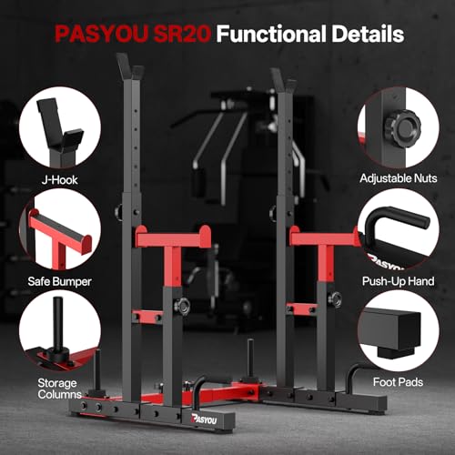 PASYOU Adjustable Squat Power Rack for Home Gym | Adjustable Free Weight Racks, Dual Steel Frame, Push-up Handles, with Dumbbell Storage, Heavy Strength Training for Home Gym - color: Red