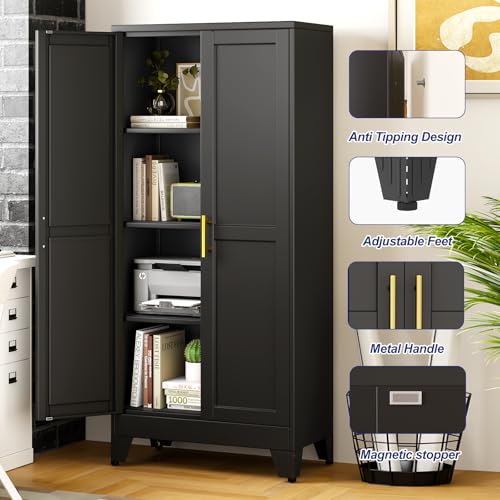 Metal Storage Cabinet with 2 Doors and 3 Adjustable Shelves - 61" Steel File Cabinet,Tool Cabinets for Office,Home,Garage,Gym,School,Bathroom,Kitchen(Black) - color: Black, size: 61H