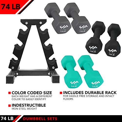 JFIT Dumbbell Pairs or Sets – Neoprene & Vinyl Coated Hand Weights for Home Gym, Strength Training, Aerobics, Cardio Exercise and Fitness - size: 74 lbs (Set), style: Dumbbell Set with Rack