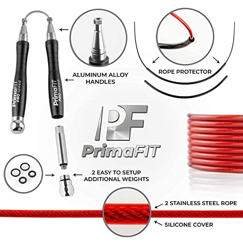 PrimaFIT Pro Speed Jump Rope for Adults, Weighted Skipping Rope for Boxing | Adjustable Jumping Rope for Fitness Workout & CrossFit Exercise, Double Unders, Handle Weights, 3m Cables 2 Protectors, Bag - color: Black