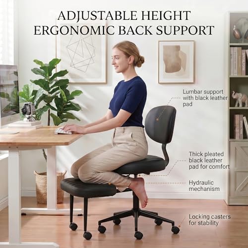 Cross Legged Office Chair with Wheels, 360 Swivel Height-Adjustable Meditation Chair with Lumbar Support, PU Leather, Black - color: Black, size: Oval Back