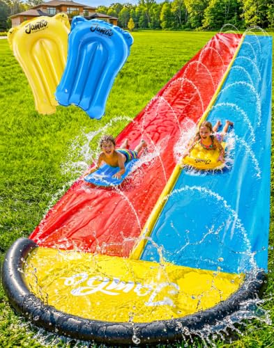 JAMBO 22ft Double Lane Slip Splash and Slide with 2 Bodyboards with Built in Sprinkler for Backyard Outdoor Water Fun for Kids - color: 22.5' Multicolor
