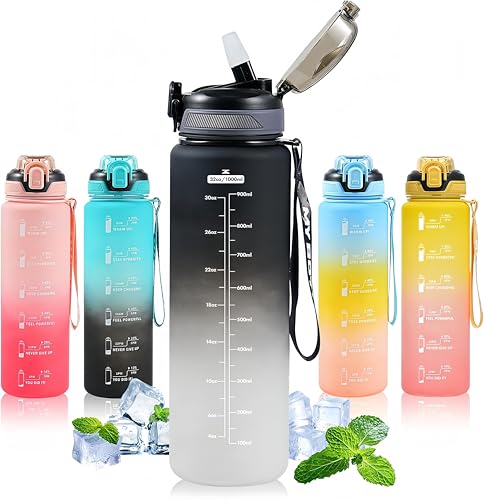 Sports Water Bottle with Straw,32 OZ Water Bottles with Time Marker for Boys and Girls,Simple Modern Water Bottle Plastic Leakproof Bpa Free,Waterbottle for Adults,School,Gym,Outdoor - color: Black White