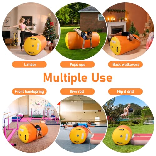 Gymnastic Air Barrel, Inflatable Tumble Track, Tumbling Mat, Roller Octagon Trainer for Back Handspring and Back-bend for Home, Gym, No Pump - color: orange-yellow, size: 2.6'L x 1.55'D，nopump
