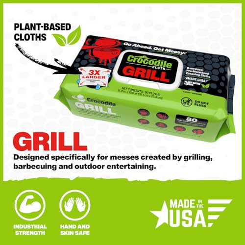 Crocodile Cloth Grill Wipes, 640 Count (8 Packs) – Extra-Large 15” x 10” Plant-Based Cleaning Cloths, Safe on Skin & Surfaces, Pre-Moistened with Aloe & Vitamin E - size: 80 Count (Pack of 8)