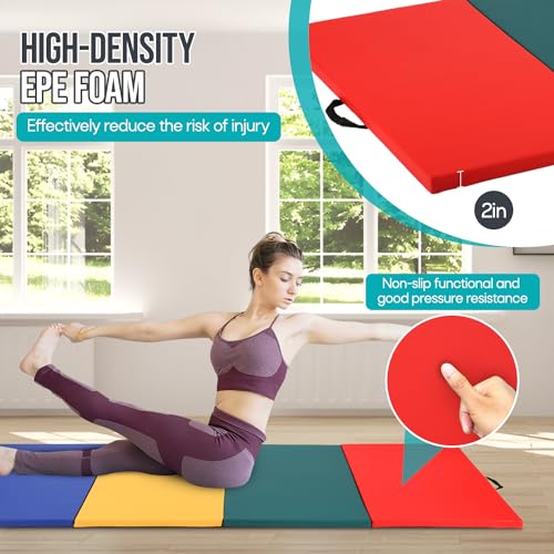 Gymnastics Mat - Tumbling & Exercise - 4 Folding - Indoor/Outdoor - Extra Thick - High Density - Yoga & Arts - color: Colorful
