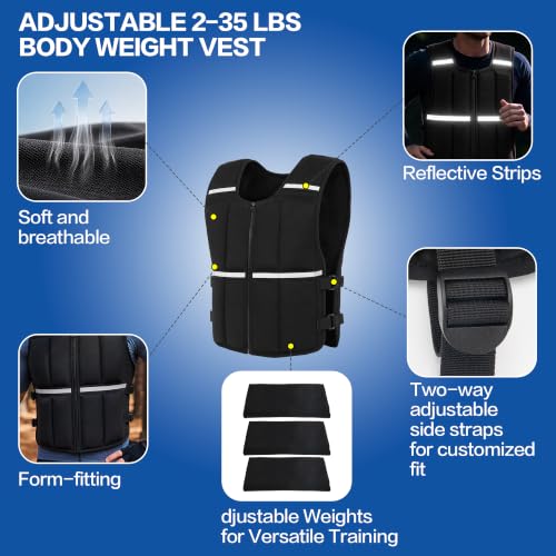 Adjustable 2–35 LBS Weighted Vest with Zipper Equipped with 16 Soft Iron gentle against skin Ideal for Strength Training Running & Gym Workouts