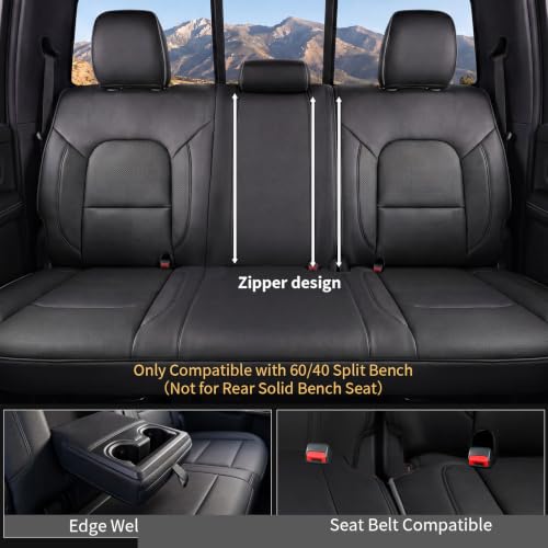 Umbrauto Car Seat Covers for Dodge RAM, Premium Nappa Waterproof Leather Seat Cushion Fits 2009-2026 RAM 1500/2500/3500 Crew Quad Mega Cab with Flat Bench,Full Set, Black - size: Full Set(Concave Front+Flat Rear)