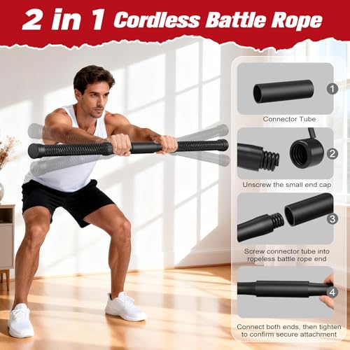 Relife Ropeless Battle Ropes, 2 in 1 Weighted Cordless Battle Ropes for Home Gym - Portable Home Gym Equipment for HIIT, Strength Building, Low-Impact Cardio for Men & Women - color: Black